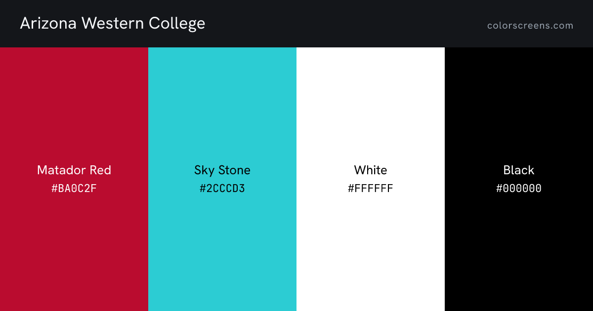 Arizona Western College brand colors: Matador Red #BA0C2F, Sky Stone #2CCCD3, White #FFFFFF, Black #000000