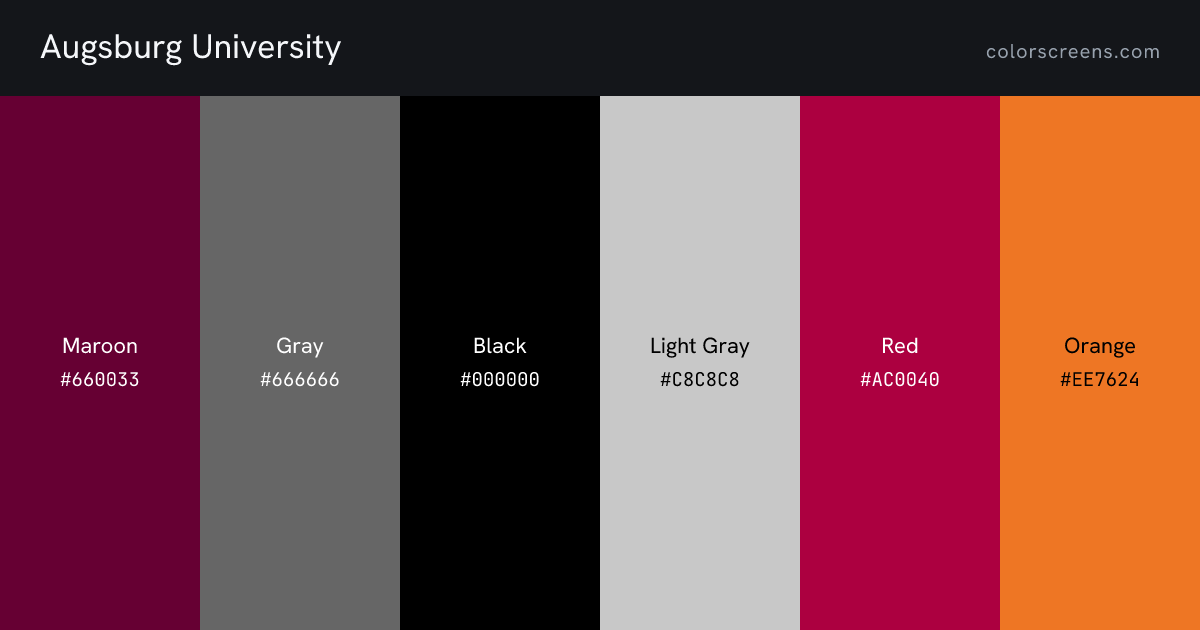 Augsburg University brand colors: Maroon #660033, Gray #666666, Black #000000, Light Gray #C8C8C8, Red #AC0040, Orange #EE7624