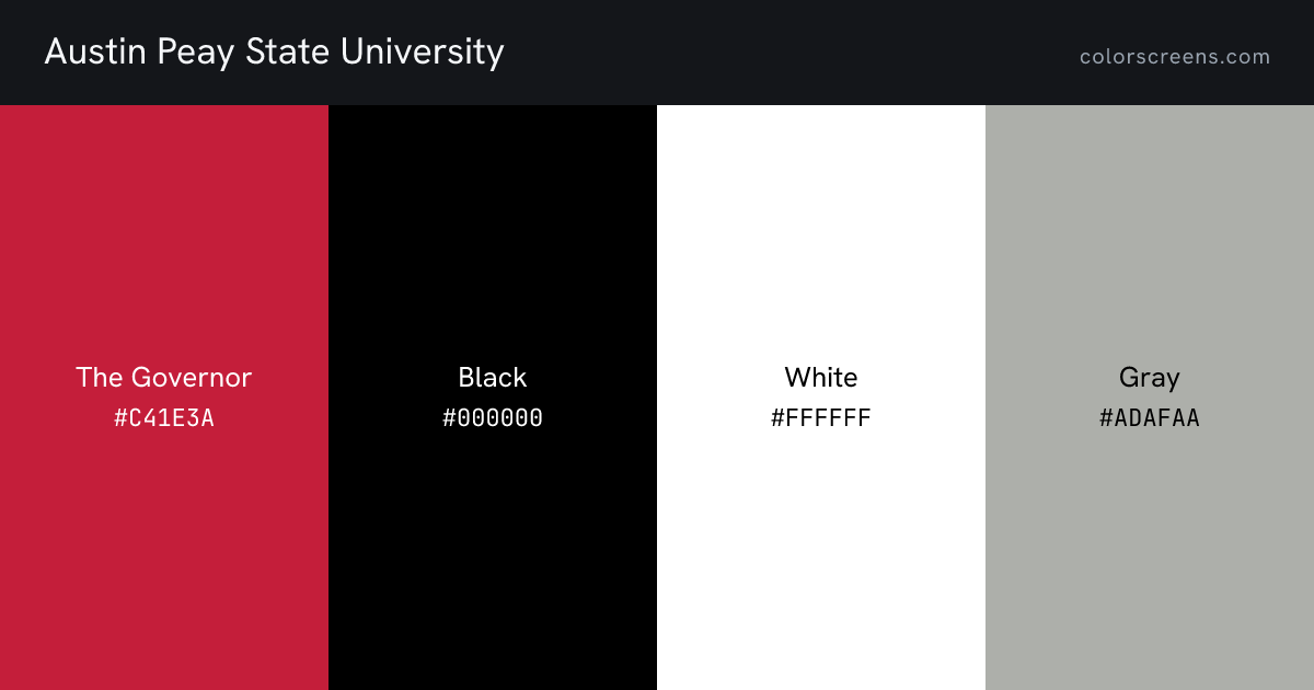 Austin Peay State University brand colors: The Governor #C41E3A, Black #000000, White #FFFFFF, Gray #ADAFAA