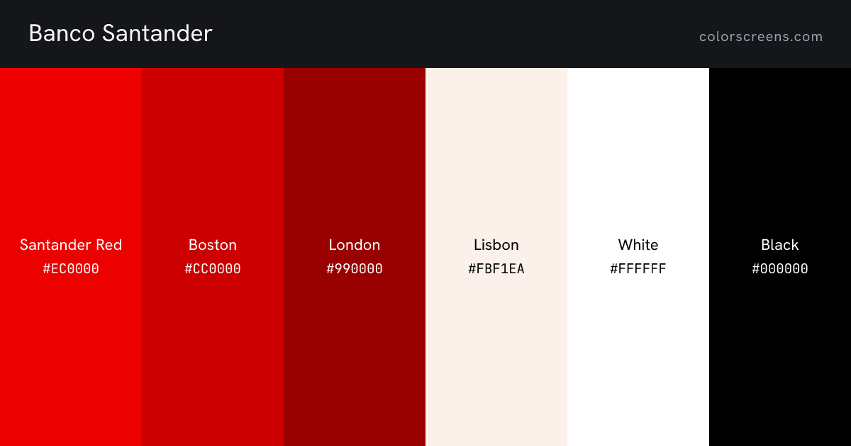 Banco Santander brand colors: Santander Red #EC0000, Boston #CC0000, London #990000, Lisbon #FBF1EA, White #FFFFFF, Black #000000