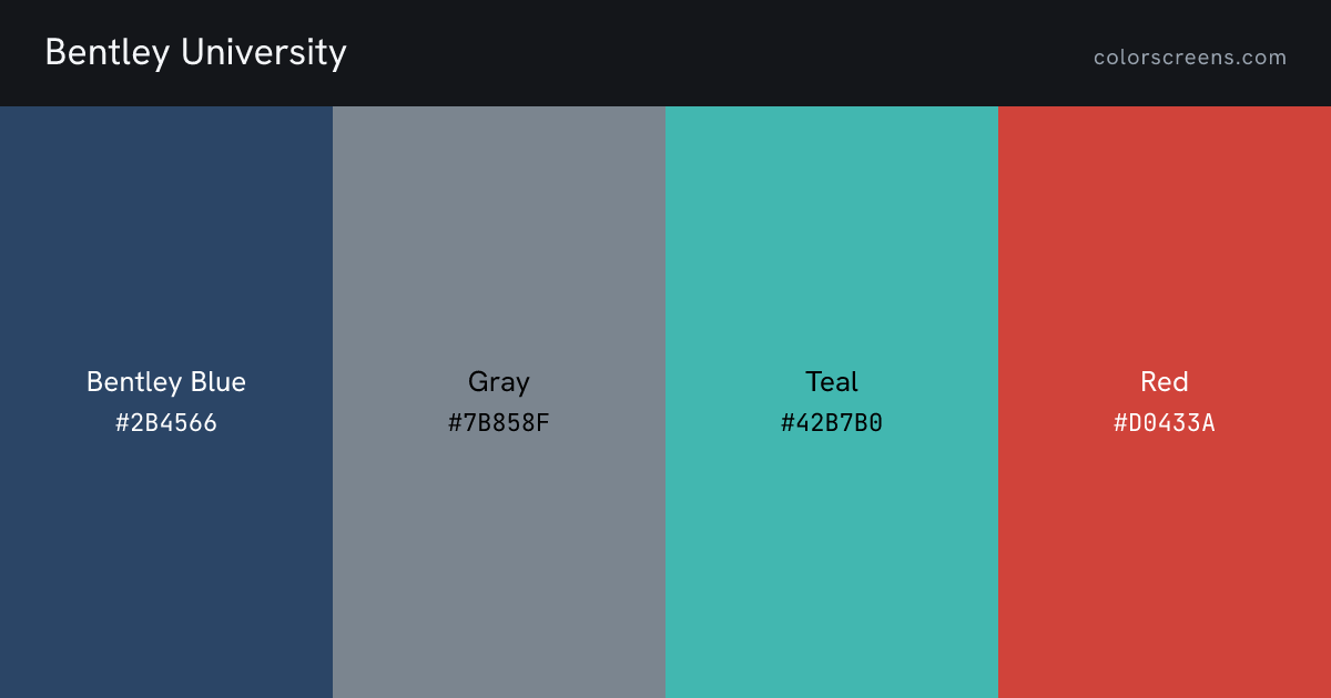 Bentley University brand colors: Bentley Blue #2B4566, Gray #7B858F, Teal #42B7B0, Red #D0433A