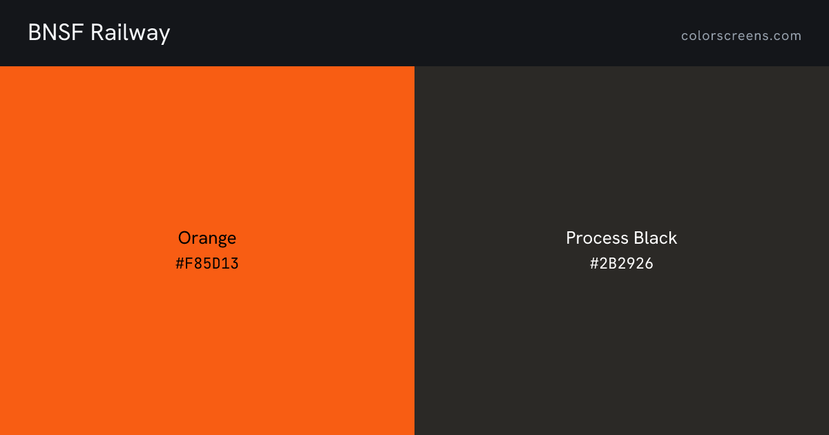 BNSF Railway brand colors: Orange #F85D13, Process Black #2B2926