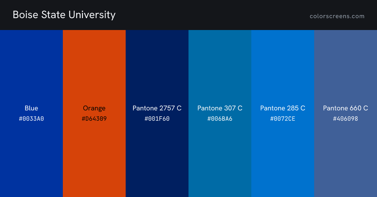 Boise State University brand colors: Blue #0033A0, Orange #D64309, Pantone 2757 C #001F60, Pantone 307 C #006BA6, Pantone 285 C #0072CE, Pantone 660 C #406098
