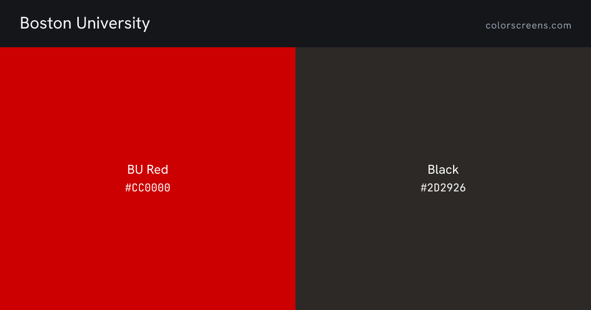 Boston University brand colors: BU Red #CC0000, Black #2D2926