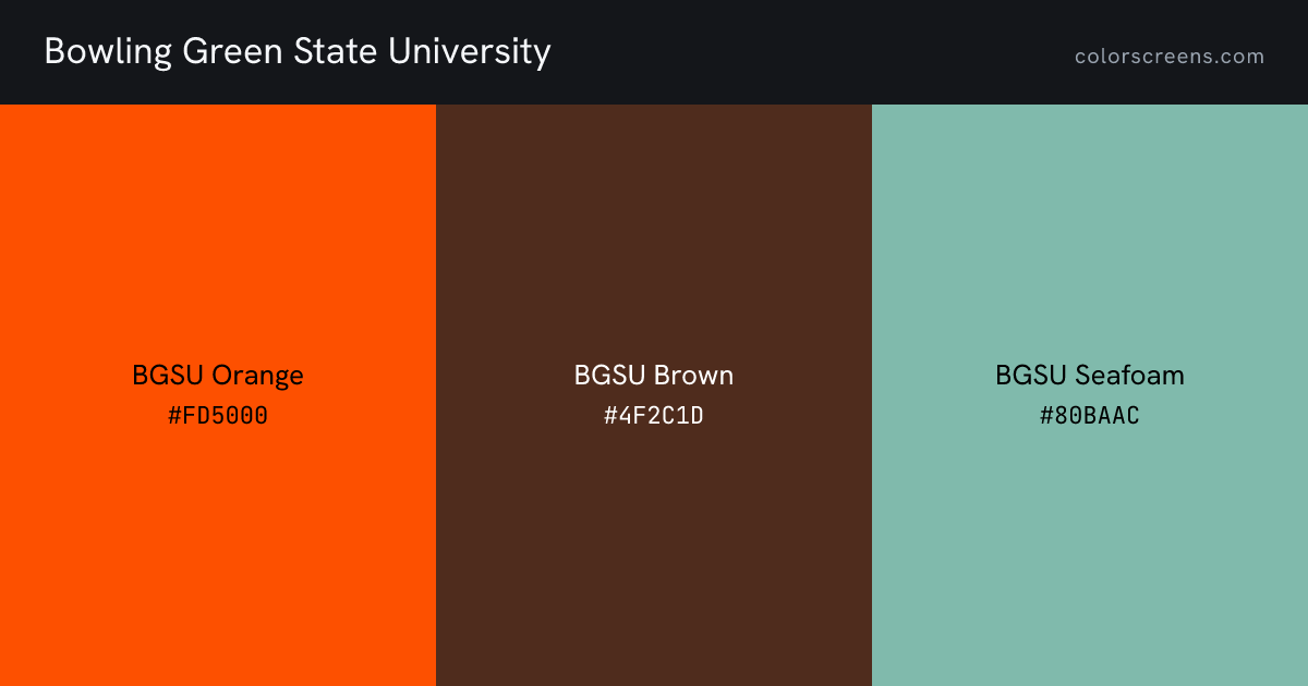 Bowling Green State University brand colors: BGSU Orange #FD5000, BGSU Brown #4F2C1D, BGSU Seafoam #80BAAC
