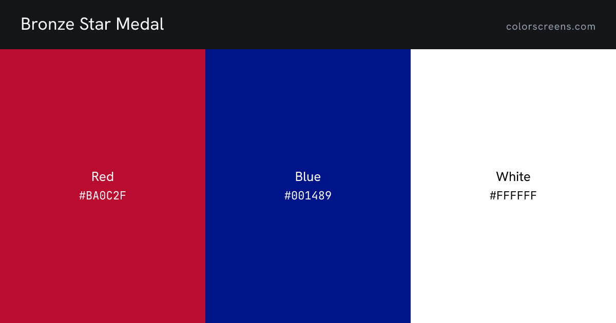 Bronze Star Medal ribbon colors: Red #BA0C2F, Blue #001489, White #FFFFFF