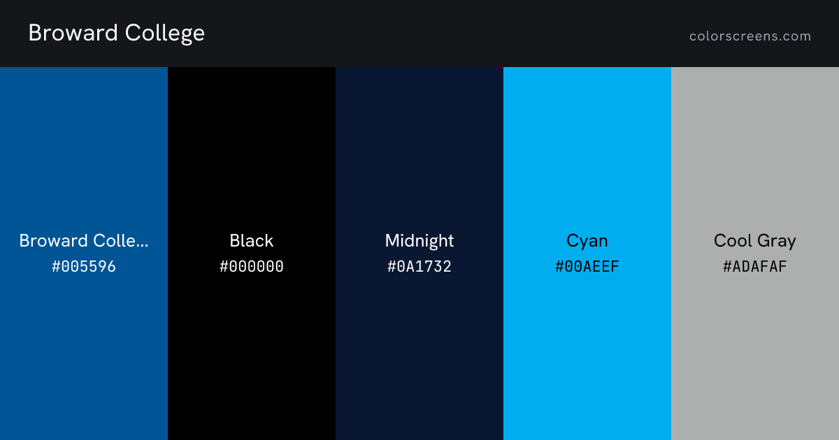 Broward College brand colors: Broward College Blue #005596, Black #000000, Midnight #0A1732, Cyan #00AEEF, Cool Gray #ADAFAF