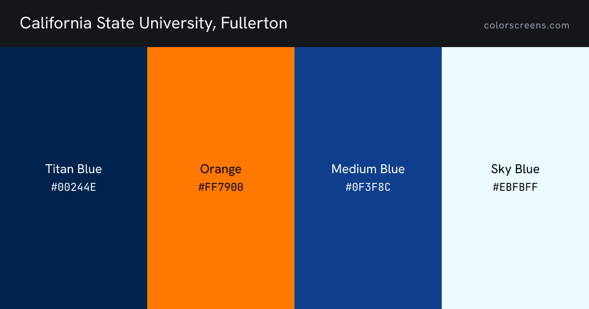 California State University, Fullerton brand colors: Titan Blue #00244E, Orange #FF7900, Medium Blue #0F3F8C, Sky Blue #EBFBFF