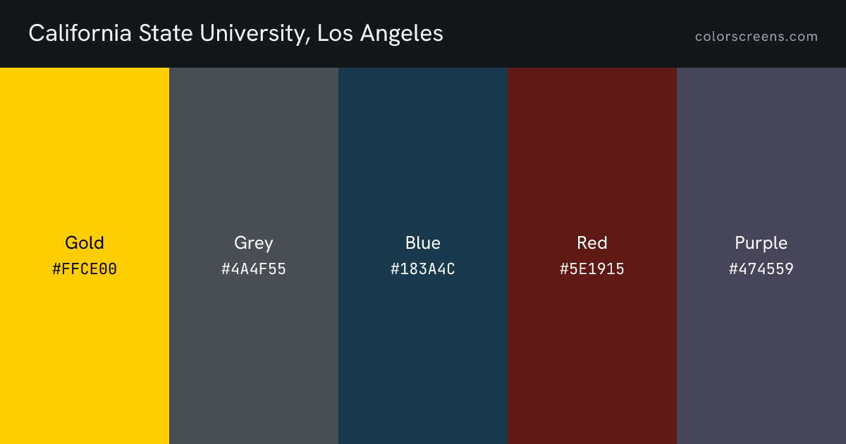 California State University, Los Angeles brand colors: Gold #FFCE00, Grey #4A4F55, Blue #183A4C, Red #5E1915, Purple #474559