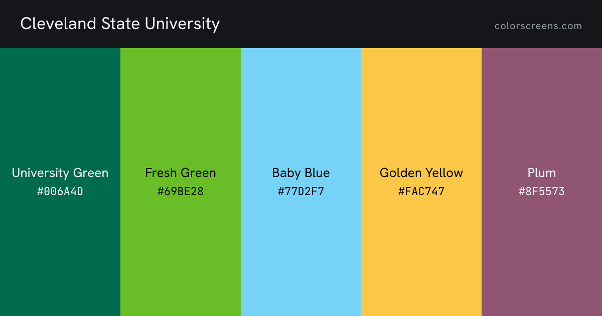 Cleveland State University brand colors: University Green #006A4D, Fresh Green #69BE28, Baby Blue #77D2F7, Golden Yellow #FAC747, Plum #8F5573