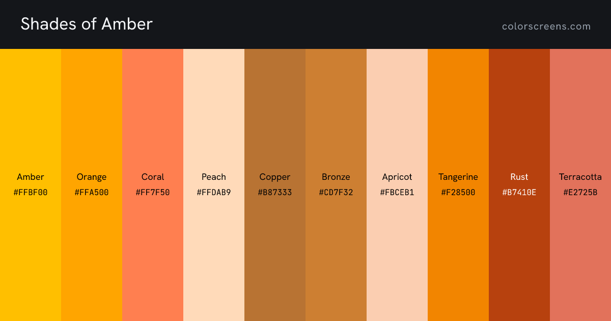 Shades of Amber: Amber #FFBF00, Orange #FFA500, Coral #FF7F50, Peach #FFDAB9, Copper #B87333, Bronze #CD7F32, Apricot #FBCEB1, Tangerine #F28500, Rust #B7410E, Terracotta #E2725B, ...
