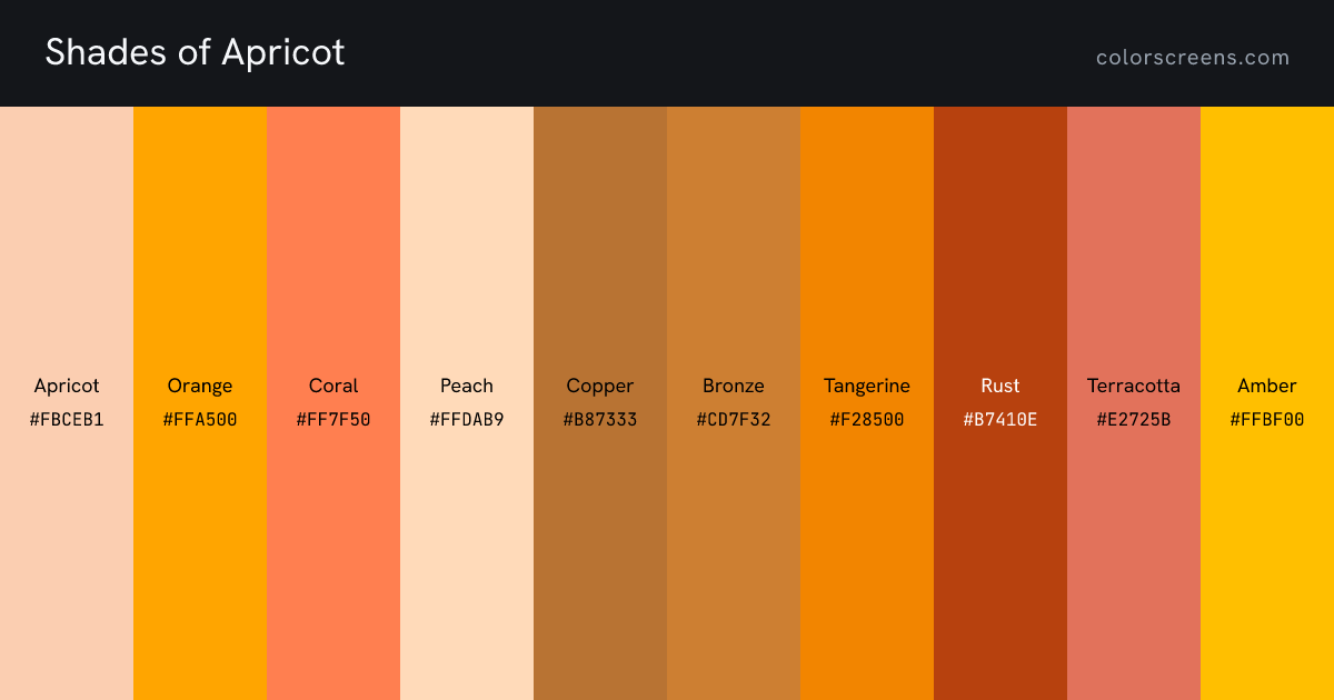 Shades of Apricot: Apricot #FBCEB1, Orange #FFA500, Coral #FF7F50, Peach #FFDAB9, Copper #B87333, Bronze #CD7F32, Tangerine #F28500, Rust #B7410E, Terracotta #E2725B, Amber #FFBF00, ...