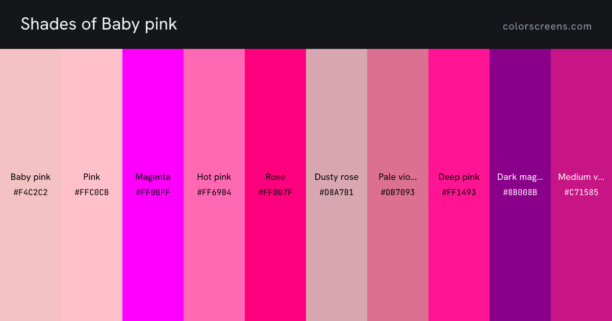 Shades of Baby pink: Baby pink #F4C2C2, Pink #FFC0CB, Magenta #FF00FF, Hot pink #FF69B4, Rose #FF007F, Dusty rose #D8A7B1, Pale violet red #DB7093, Deep pink #FF1493, Dark magenta #8B008B, Medium violet red #C71585