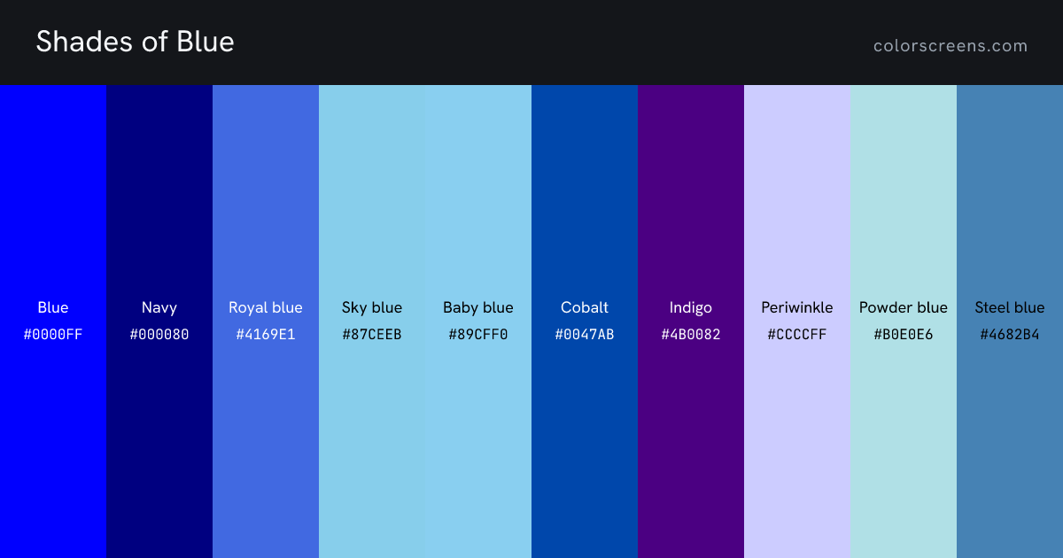 Shades of Blue: Blue #0000FF, Navy #000080, Royal blue #4169E1, Sky blue #87CEEB, Baby blue #89CFF0, Cobalt #0047AB, Indigo #4B0082, Periwinkle #CCCCFF, Powder blue #B0E0E6, Steel blue #4682B4, ...