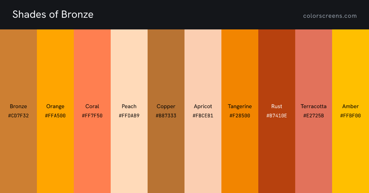 Shades of Bronze: Bronze #CD7F32, Orange #FFA500, Coral #FF7F50, Peach #FFDAB9, Copper #B87333, Apricot #FBCEB1, Tangerine #F28500, Rust #B7410E, Terracotta #E2725B, Amber #FFBF00, ...