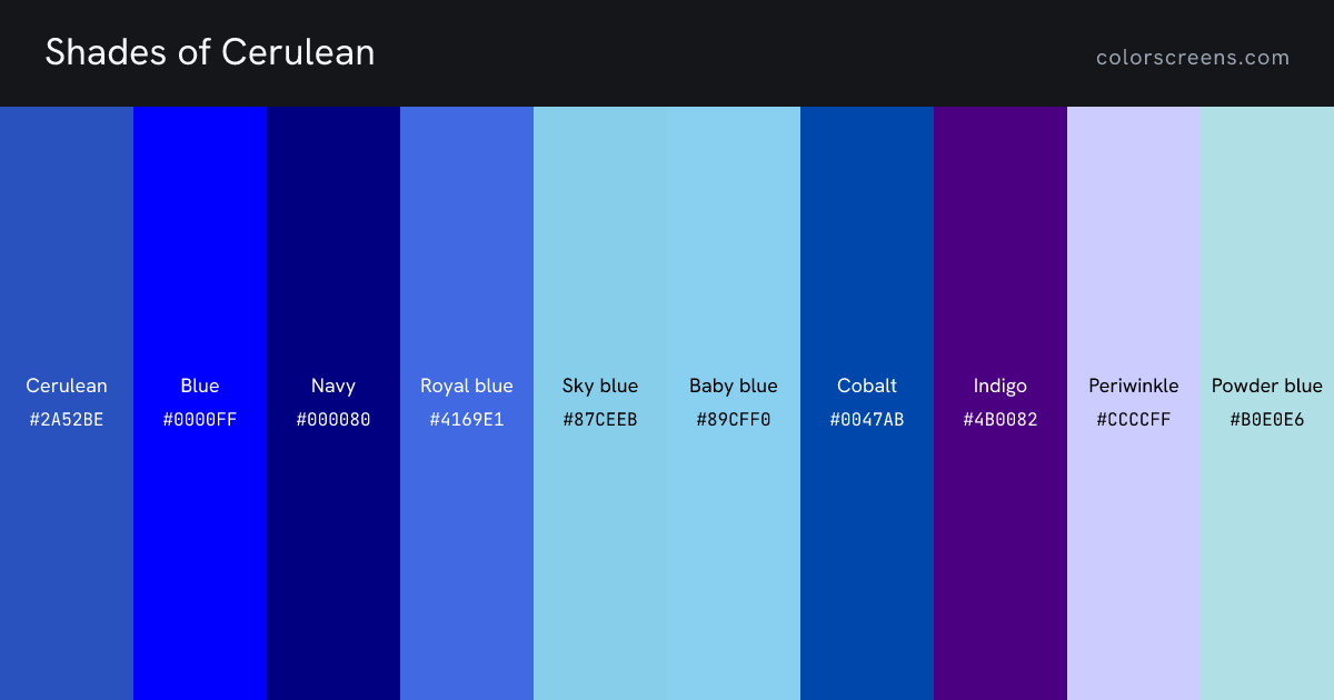 Shades of Cerulean: Cerulean #2A52BE, Blue #0000FF, Navy #000080, Royal blue #4169E1, Sky blue #87CEEB, Baby blue #89CFF0, Cobalt #0047AB, Indigo #4B0082, Periwinkle #CCCCFF, Powder blue #B0E0E6, ...