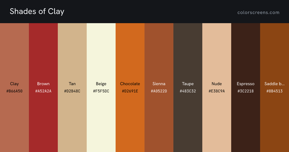 Shades of Clay: Clay #B66A50, Brown #A52A2A, Tan #D2B48C, Beige #F5F5DC, Chocolate #D2691E, Sienna #A0522D, Taupe #483C32, Nude #E3BC9A, Espresso #3C2218, Saddle brown #8B4513, ...