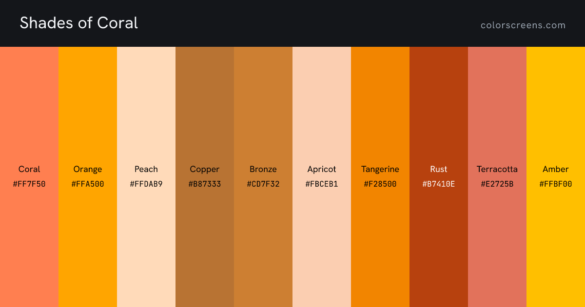 Shades of Coral: Coral #FF7F50, Orange #FFA500, Peach #FFDAB9, Copper #B87333, Bronze #CD7F32, Apricot #FBCEB1, Tangerine #F28500, Rust #B7410E, Terracotta #E2725B, Amber #FFBF00, ...