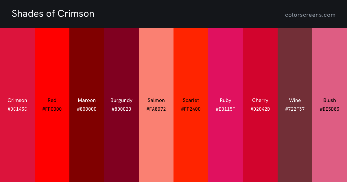Shades of Crimson: Crimson #DC143C, Red #FF0000, Maroon #800000, Burgundy #800020, Salmon #FA8072, Scarlet #FF2400, Ruby #E0115F, Cherry #D2042D, Wine #722F37, Blush #DE5D83, ...