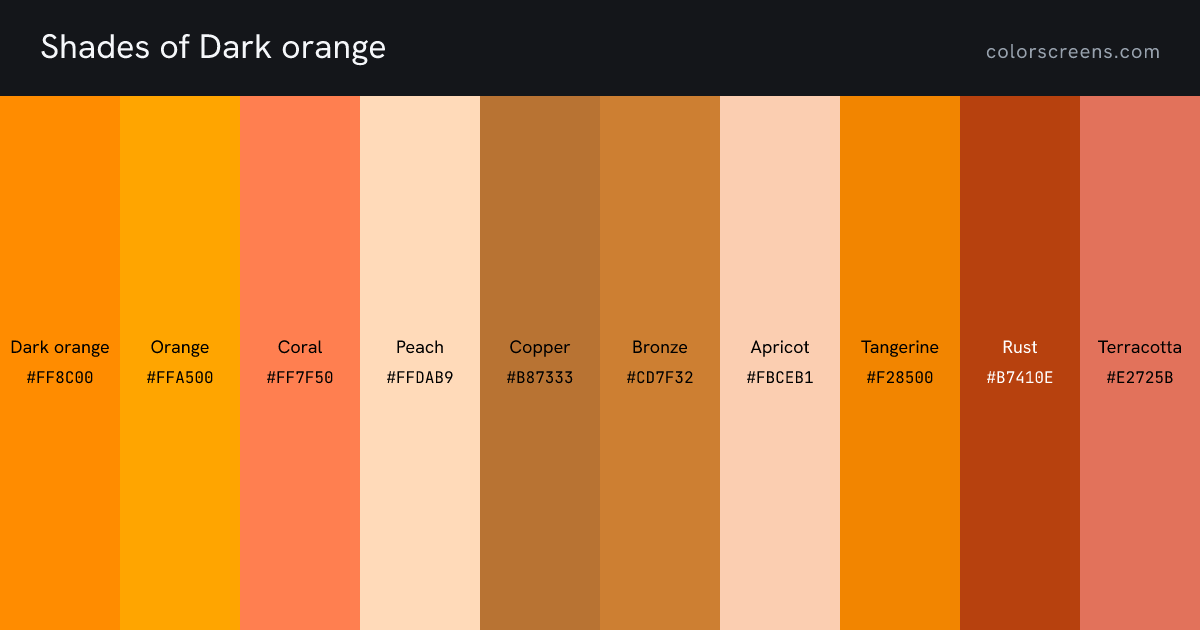 Shades of Dark orange: Dark orange #FF8C00, Orange #FFA500, Coral #FF7F50, Peach #FFDAB9, Copper #B87333, Bronze #CD7F32, Apricot #FBCEB1, Tangerine #F28500, Rust #B7410E, Terracotta #E2725B, ...