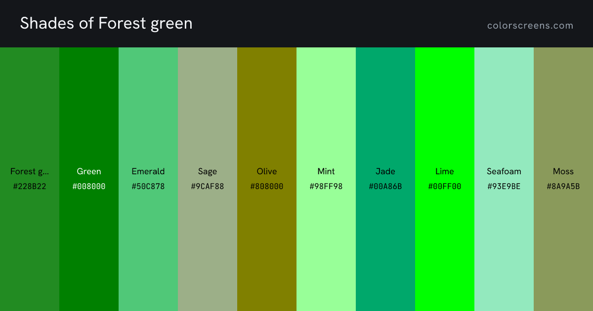 Shades of Forest green: Forest green #228B22, Green #008000, Emerald #50C878, Sage #9CAF88, Olive #808000, Mint #98FF98, Jade #00A86B, Lime #00FF00, Seafoam #93E9BE, Moss #8A9A5B, ...