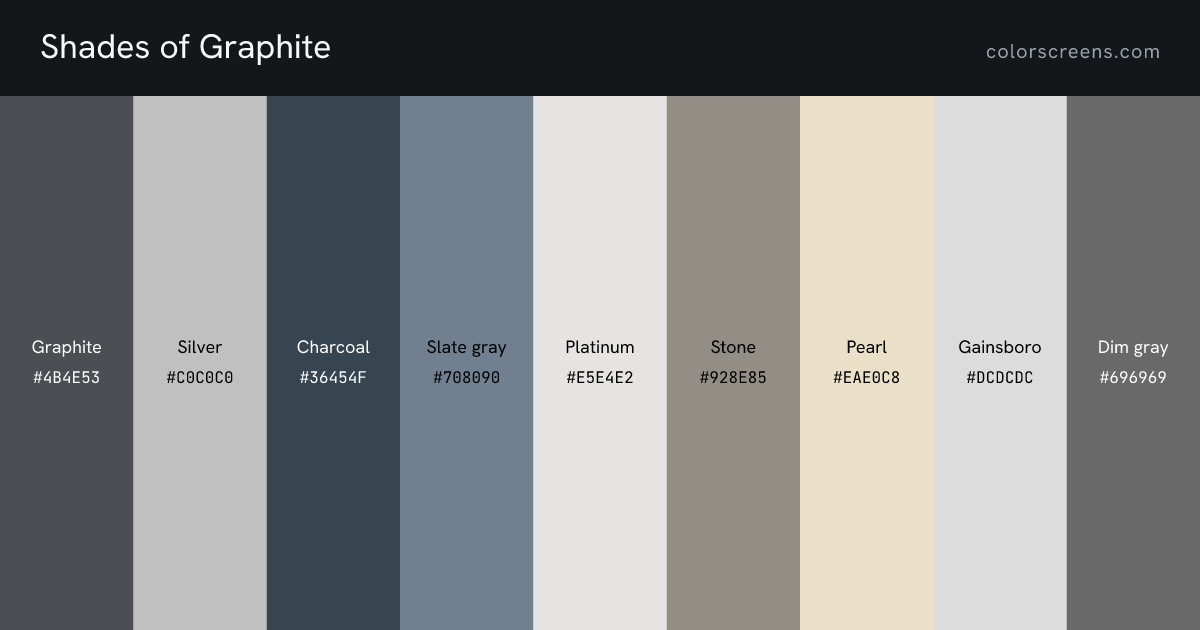 Shades of Graphite: Graphite #4B4E53, Silver #C0C0C0, Charcoal #36454F, Slate gray #708090, Platinum #E5E4E2, Stone #928E85, Pearl #EAE0C8, Gainsboro #DCDCDC, Dim gray #696969