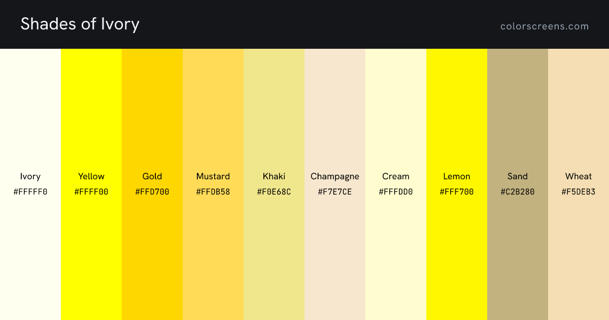 Shades of Ivory: Ivory #FFFFF0, Yellow #FFFF00, Gold #FFD700, Mustard #FFDB58, Khaki #F0E68C, Champagne #F7E7CE, Cream #FFFDD0, Lemon #FFF700, Sand #C2B280, Wheat #F5DEB3, ...