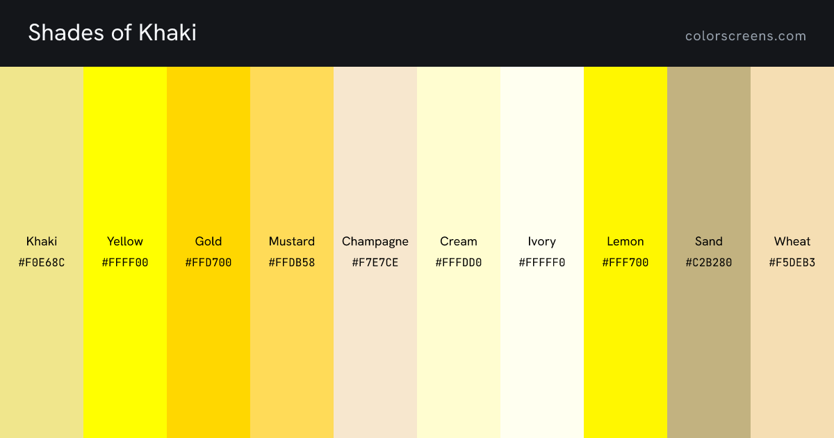 Shades of Khaki: Khaki #F0E68C, Yellow #FFFF00, Gold #FFD700, Mustard #FFDB58, Champagne #F7E7CE, Cream #FFFDD0, Ivory #FFFFF0, Lemon #FFF700, Sand #C2B280, Wheat #F5DEB3, ...