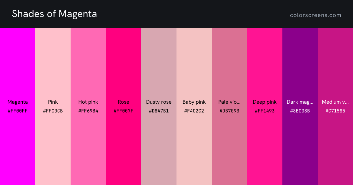 Shades of Magenta: Magenta #FF00FF, Pink #FFC0CB, Hot pink #FF69B4, Rose #FF007F, Dusty rose #D8A7B1, Baby pink #F4C2C2, Pale violet red #DB7093, Deep pink #FF1493, Dark magenta #8B008B, Medium violet red #C71585