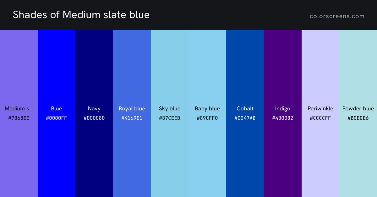 Shades of Medium slate blue: Medium slate blue #7B68EE, Blue #0000FF, Navy #000080, Royal blue #4169E1, Sky blue #87CEEB, Baby blue #89CFF0, Cobalt #0047AB, Indigo #4B0082, Periwinkle #CCCCFF, Powder blue #B0E0E6, ...