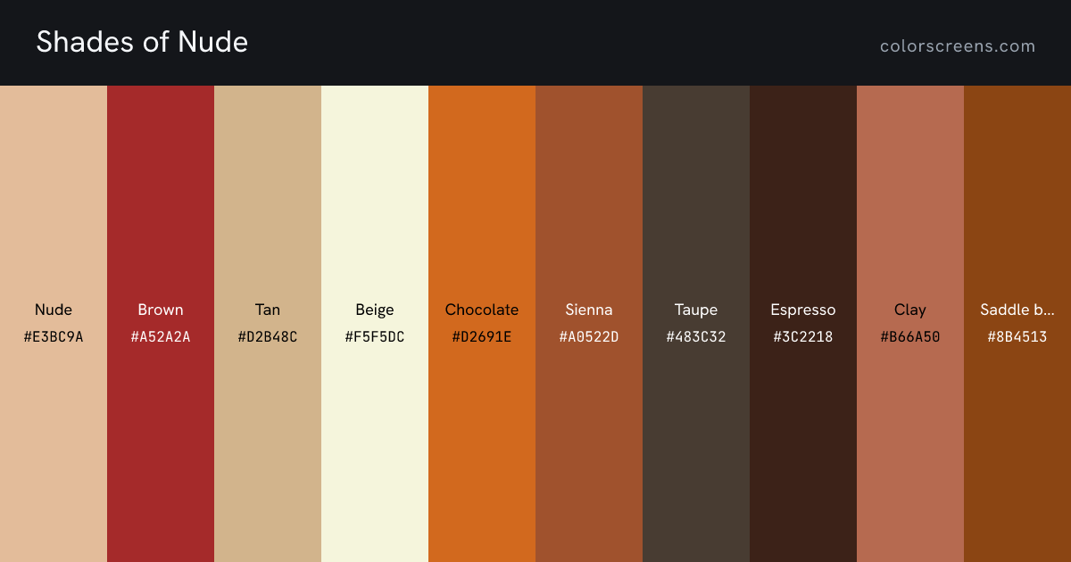 Shades of Nude: Nude #E3BC9A, Brown #A52A2A, Tan #D2B48C, Beige #F5F5DC, Chocolate #D2691E, Sienna #A0522D, Taupe #483C32, Espresso #3C2218, Clay #B66A50, Saddle brown #8B4513, ...