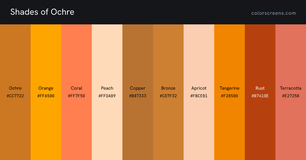 Shades of Ochre: Ochre #CC7722, Orange #FFA500, Coral #FF7F50, Peach #FFDAB9, Copper #B87333, Bronze #CD7F32, Apricot #FBCEB1, Tangerine #F28500, Rust #B7410E, Terracotta #E2725B, ...