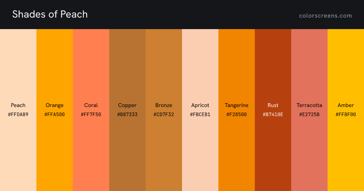 Shades of Peach: Peach #FFDAB9, Orange #FFA500, Coral #FF7F50, Copper #B87333, Bronze #CD7F32, Apricot #FBCEB1, Tangerine #F28500, Rust #B7410E, Terracotta #E2725B, Amber #FFBF00, ...