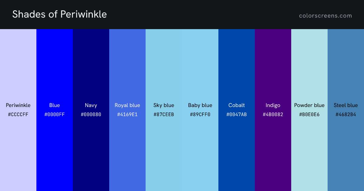 Shades of Periwinkle: Periwinkle #CCCCFF, Blue #0000FF, Navy #000080, Royal blue #4169E1, Sky blue #87CEEB, Baby blue #89CFF0, Cobalt #0047AB, Indigo #4B0082, Powder blue #B0E0E6, Steel blue #4682B4, ...