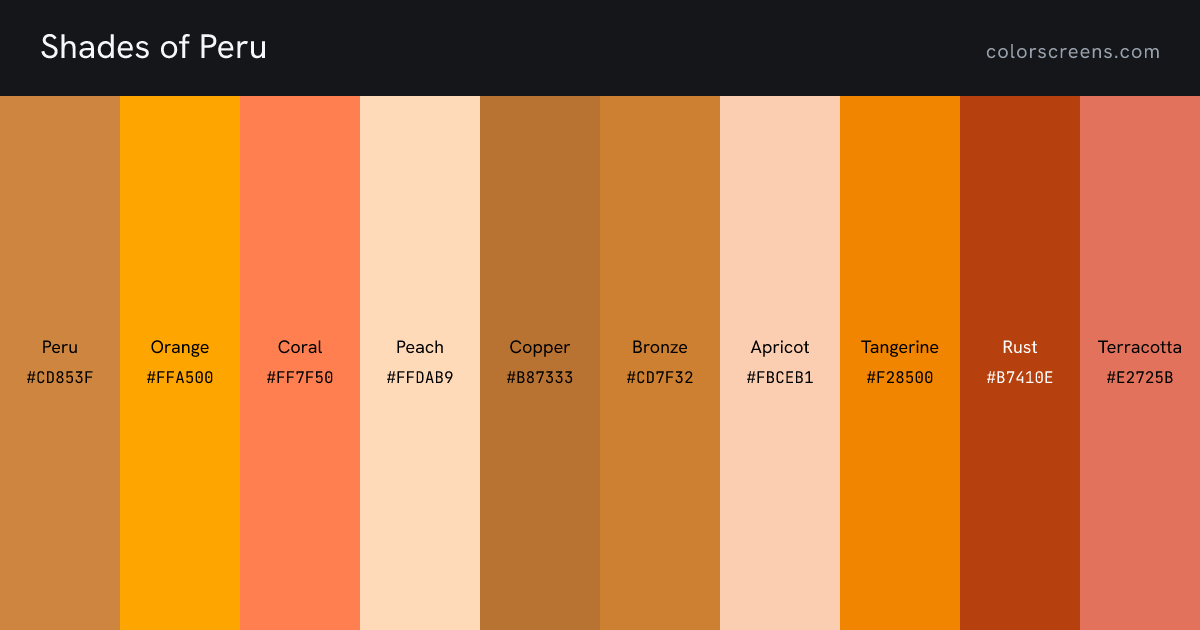 Shades of Peru: Peru #CD853F, Orange #FFA500, Coral #FF7F50, Peach #FFDAB9, Copper #B87333, Bronze #CD7F32, Apricot #FBCEB1, Tangerine #F28500, Rust #B7410E, Terracotta #E2725B, ...