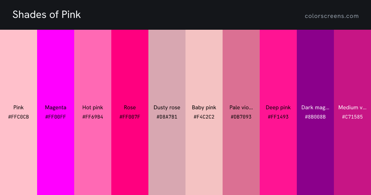 Shades of Pink: Pink #FFC0CB, Magenta #FF00FF, Hot pink #FF69B4, Rose #FF007F, Dusty rose #D8A7B1, Baby pink #F4C2C2, Pale violet red #DB7093, Deep pink #FF1493, Dark magenta #8B008B, Medium violet red #C71585