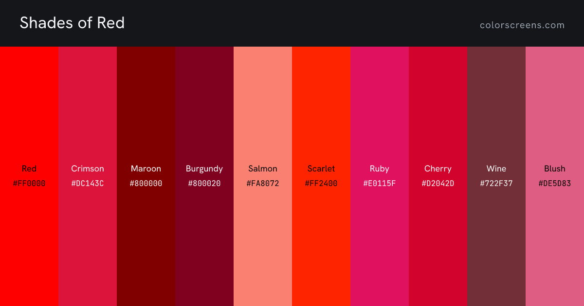 Shades of Red: Red #FF0000, Crimson #DC143C, Maroon #800000, Burgundy #800020, Salmon #FA8072, Scarlet #FF2400, Ruby #E0115F, Cherry #D2042D, Wine #722F37, Blush #DE5D83, ...