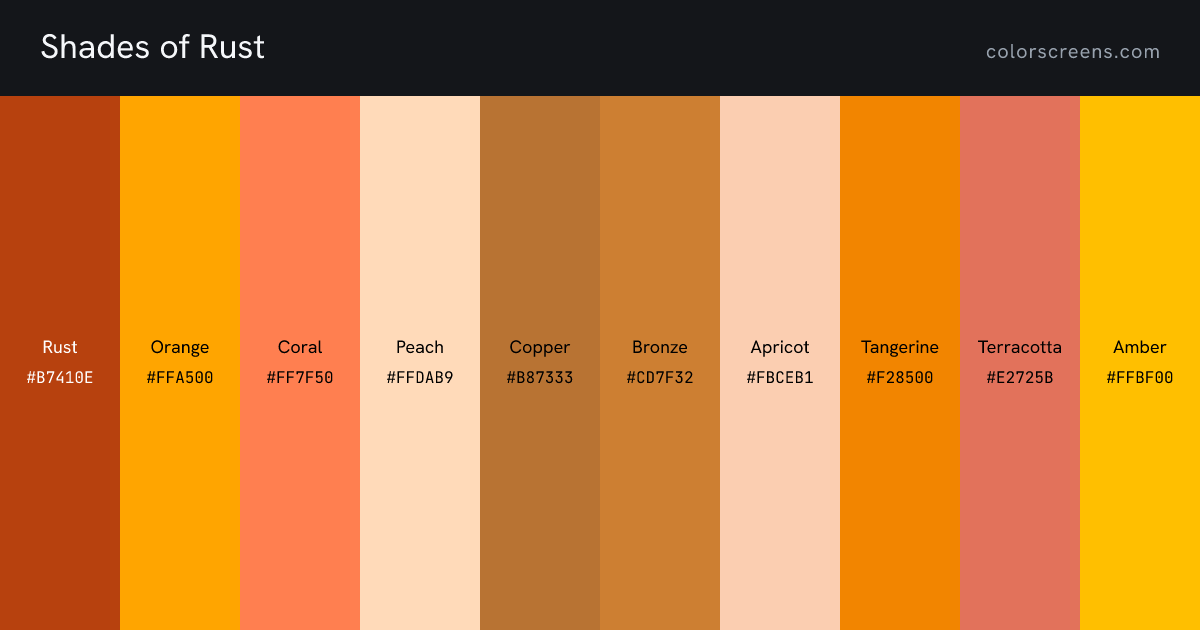 Shades of Rust: Rust #B7410E, Orange #FFA500, Coral #FF7F50, Peach #FFDAB9, Copper #B87333, Bronze #CD7F32, Apricot #FBCEB1, Tangerine #F28500, Terracotta #E2725B, Amber #FFBF00, ...