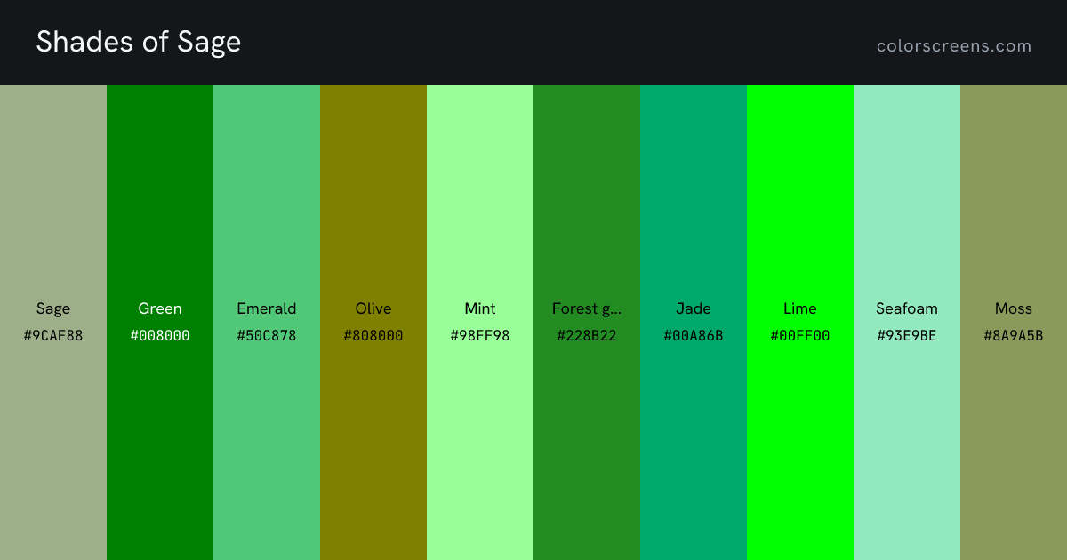 Shades of Sage: Sage #9CAF88, Green #008000, Emerald #50C878, Olive #808000, Mint #98FF98, Forest green #228B22, Jade #00A86B, Lime #00FF00, Seafoam #93E9BE, Moss #8A9A5B, ...