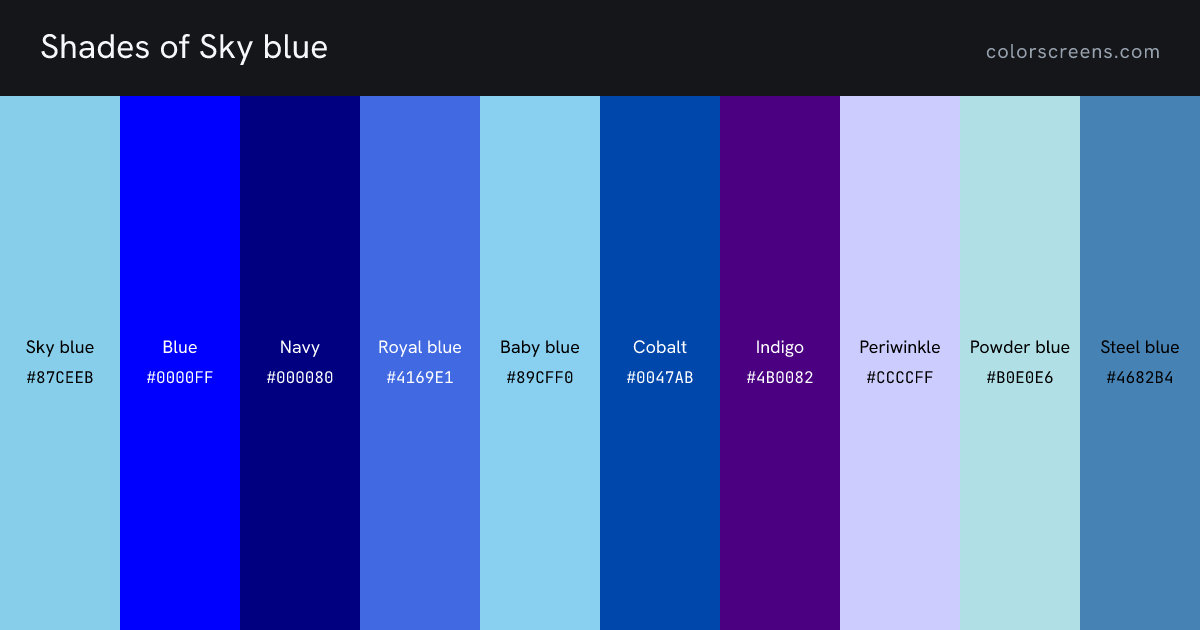 Shades of Sky blue: Sky blue #87CEEB, Blue #0000FF, Navy #000080, Royal blue #4169E1, Baby blue #89CFF0, Cobalt #0047AB, Indigo #4B0082, Periwinkle #CCCCFF, Powder blue #B0E0E6, Steel blue #4682B4, ...