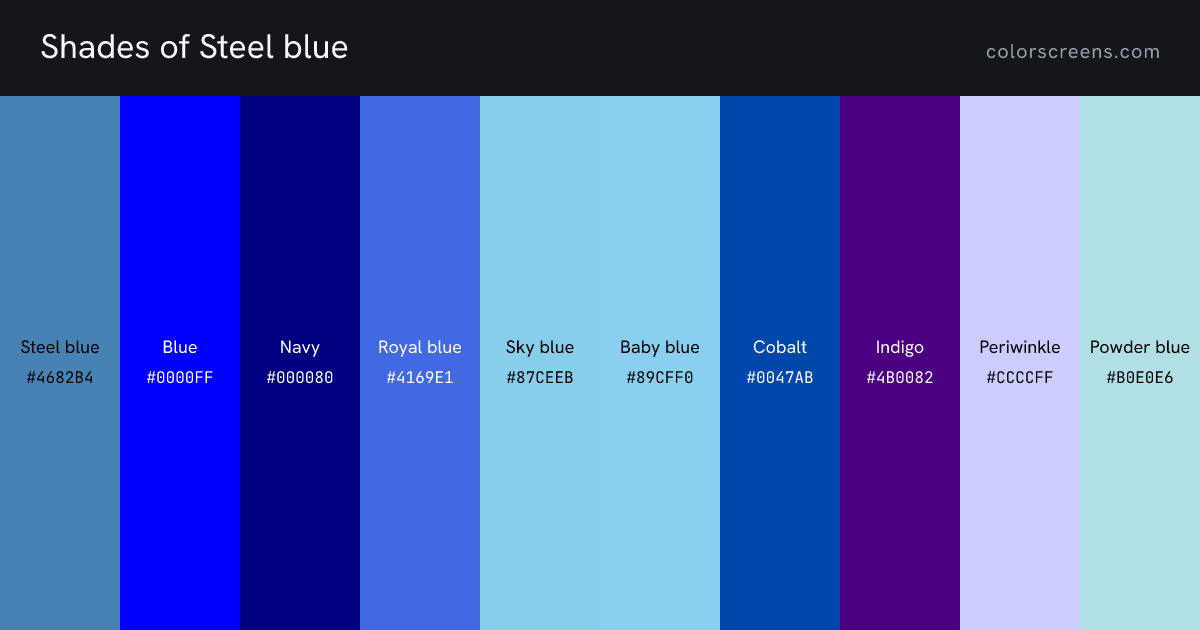 Shades of Steel blue: Steel blue #4682B4, Blue #0000FF, Navy #000080, Royal blue #4169E1, Sky blue #87CEEB, Baby blue #89CFF0, Cobalt #0047AB, Indigo #4B0082, Periwinkle #CCCCFF, Powder blue #B0E0E6, ...