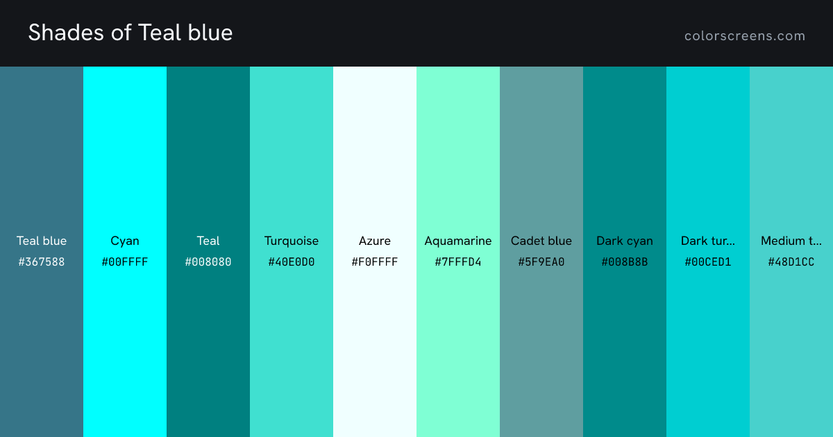 Shades of Teal blue: Teal blue #367588, Cyan #00FFFF, Teal #008080, Turquoise #40E0D0, Azure #F0FFFF, Aquamarine #7FFFD4, Cadet blue #5F9EA0, Dark cyan #008B8B, Dark turquoise #00CED1, Medium turquoise #48D1CC