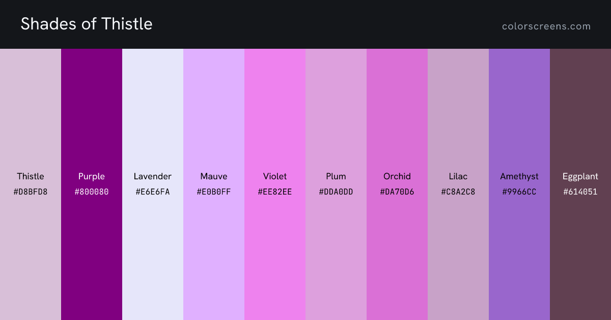 Shades of Thistle: Thistle #D8BFD8, Purple #800080, Lavender #E6E6FA, Mauve #E0B0FF, Violet #EE82EE, Plum #DDA0DD, Orchid #DA70D6, Lilac #C8A2C8, Amethyst #9966CC, Eggplant #614051, ...
