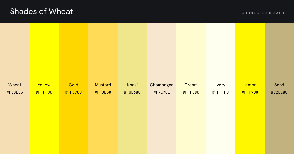 Shades of Wheat: Wheat #F5DEB3, Yellow #FFFF00, Gold #FFD700, Mustard #FFDB58, Khaki #F0E68C, Champagne #F7E7CE, Cream #FFFDD0, Ivory #FFFFF0, Lemon #FFF700, Sand #C2B280, ...