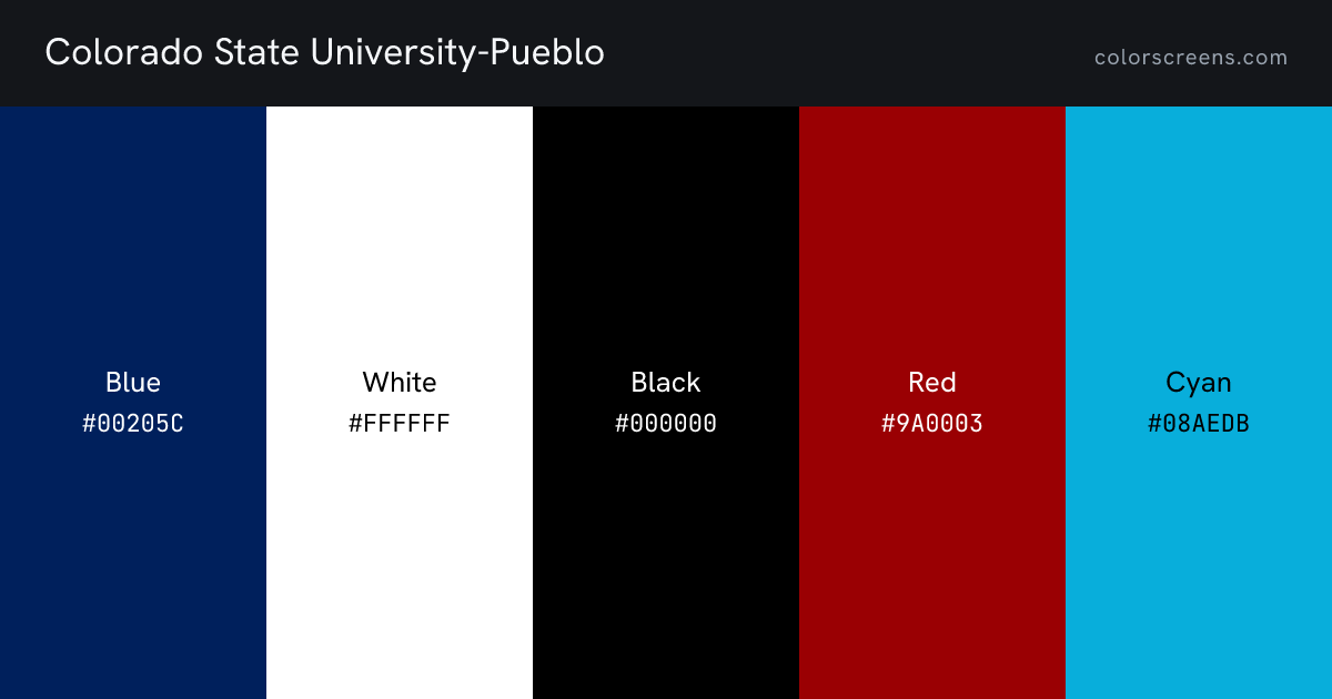 Colorado State University-Pueblo brand colors: Blue #00205C, White #FFFFFF, Black #000000, Red #9A0003, Cyan #08AEDB