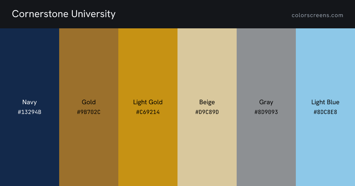 Cornerstone University brand colors: Navy #13294B, Gold #9B702C, Light Gold #C69214, Beige #D9C89D, Gray #8D9093, Light Blue #8DC8E8