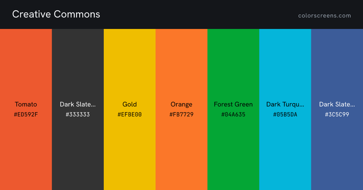 Creative Commons brand colors: Tomato #ED592F, Dark Slate Gray #333333, Gold #EFBE00, Orange #FB7729, Forest Green #04A635, Dark Turquoise #05B5DA, Dark Slate Blue #3C5C99