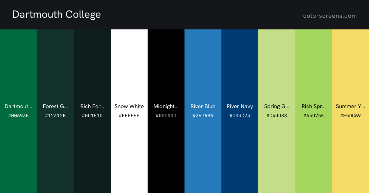 Dartmouth College brand colors: Dartmouth Green #00693E, Forest Green #12312B, Rich Forest Green #0D1E1C, Snow White #FFFFFF, Midnight Black #000000, River Blue #267ABA, River Navy #003C73, Spring Green #C4DD88, Rich Spring Green #A5D75F, Summer Yellow #F5DC69, ...