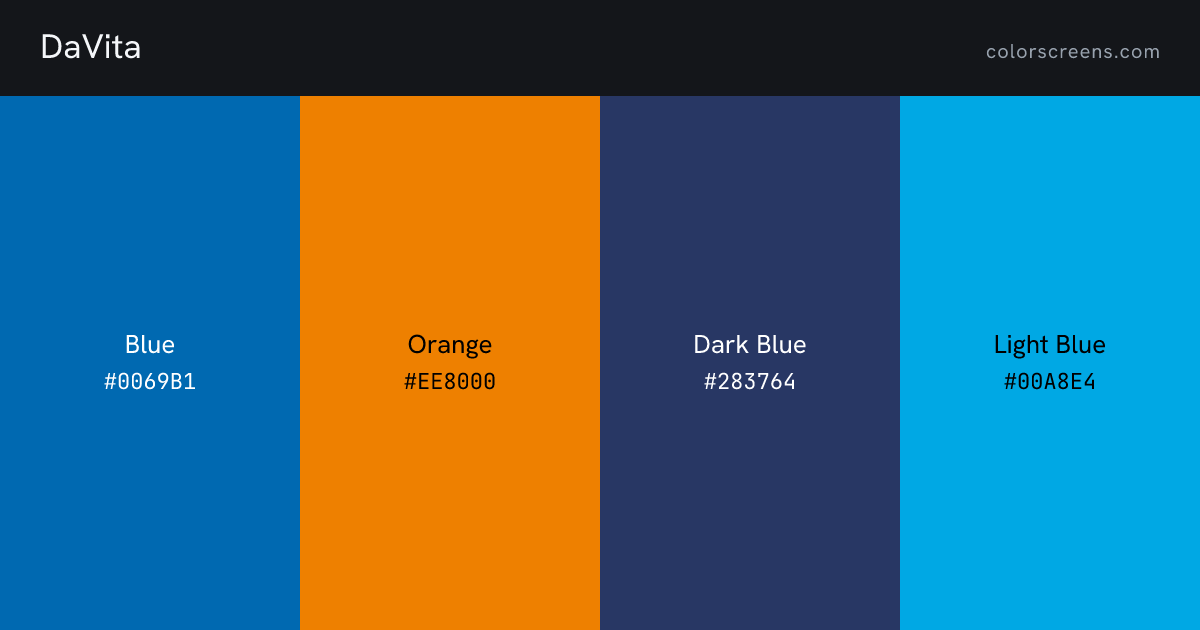 DaVita brand colors: Blue #0069B1, Orange #EE8000, Dark Blue #283764, Light Blue #00A8E4