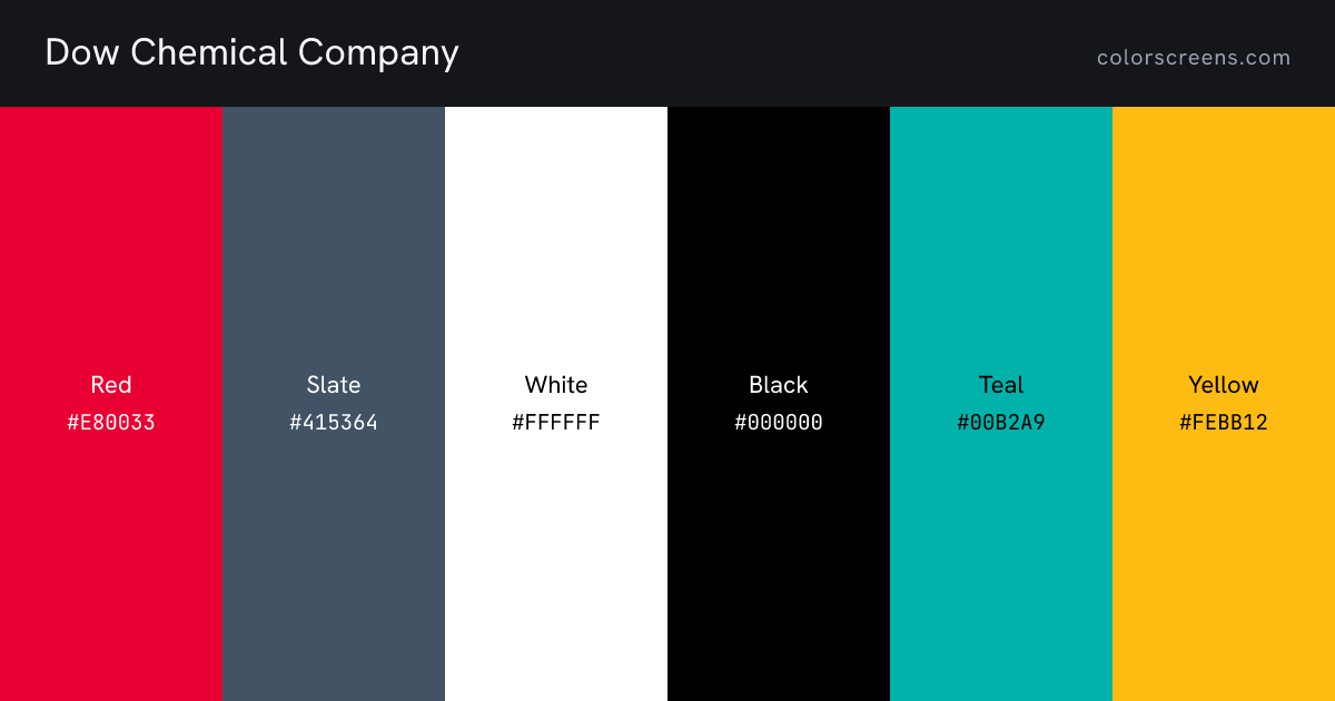 Dow Chemical Company brand colors: Red #E80033, Slate #415364, White #FFFFFF, Black #000000, Teal #00B2A9, Yellow #FEBB12